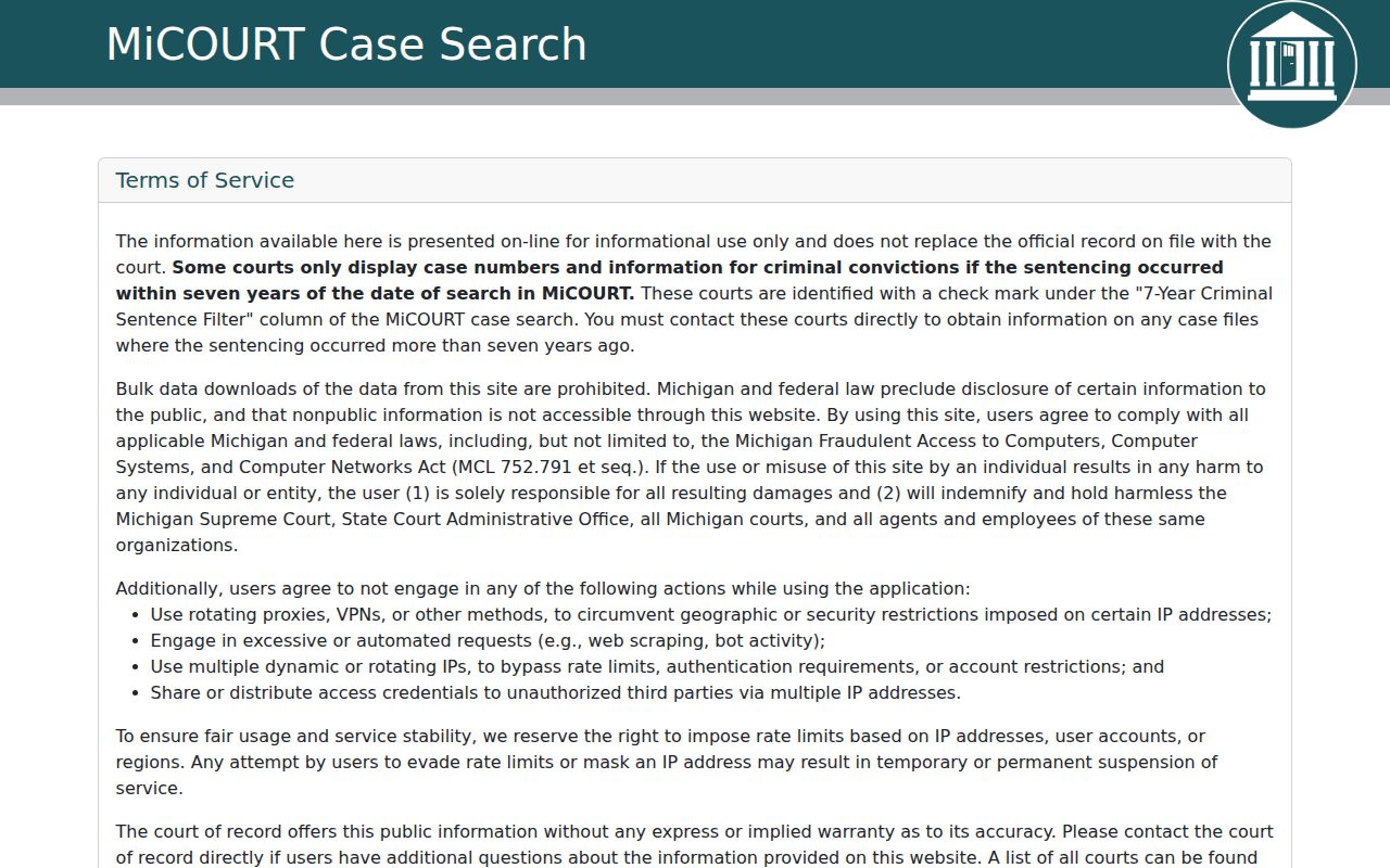 Official Michigan MiCOURT public case search interface