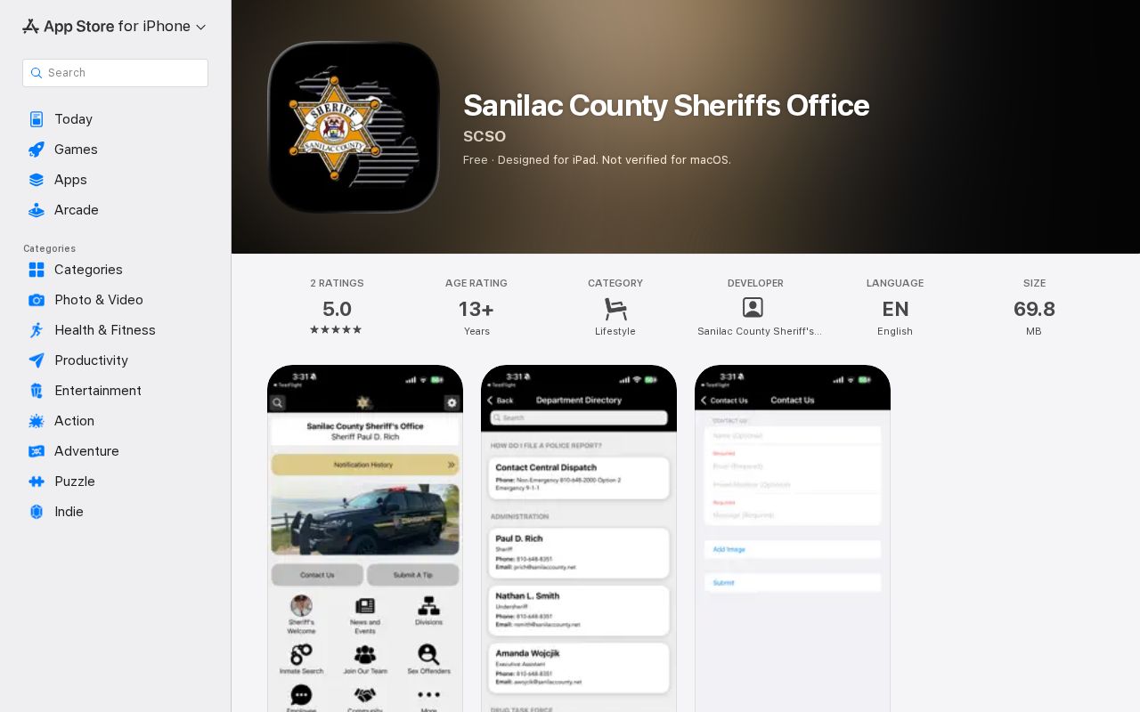 Official Apple App Store listing for the Sanilac County Sheriff app