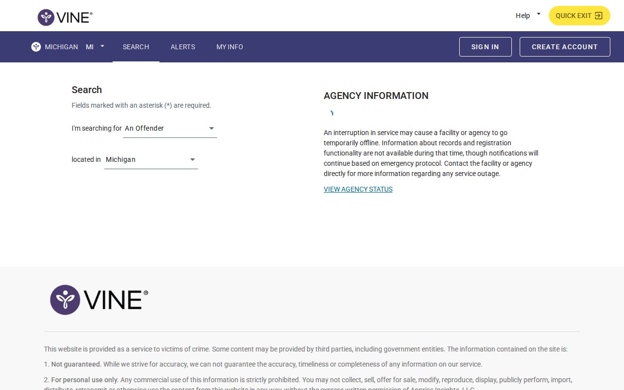 VINELink Michigan person-search form for locating an in-scope custody record
