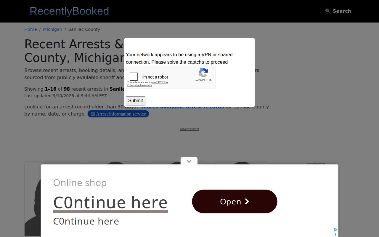 Captured unofficial RecentlyBooked Sanilac County recent-arrest page