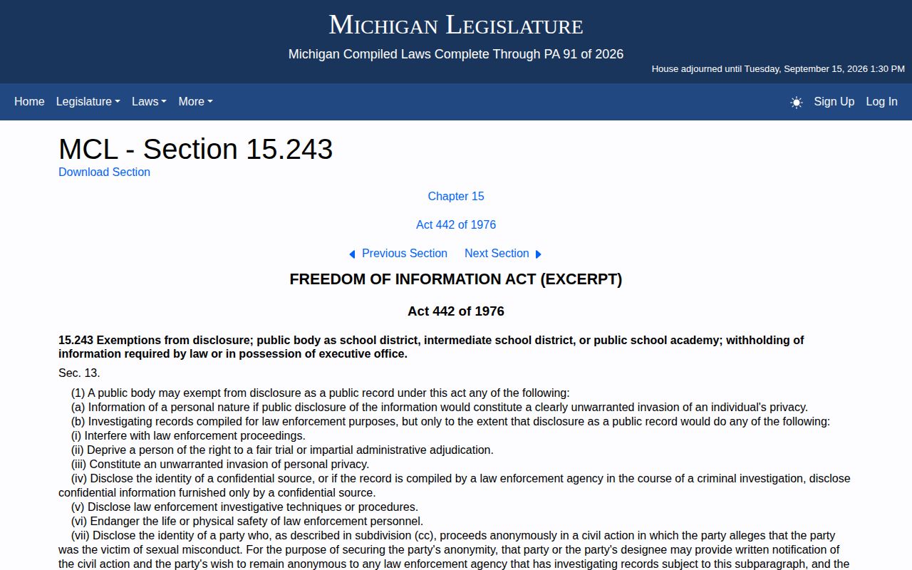 Michigan Legislature page for FOIA exemptions under MCL 15.243