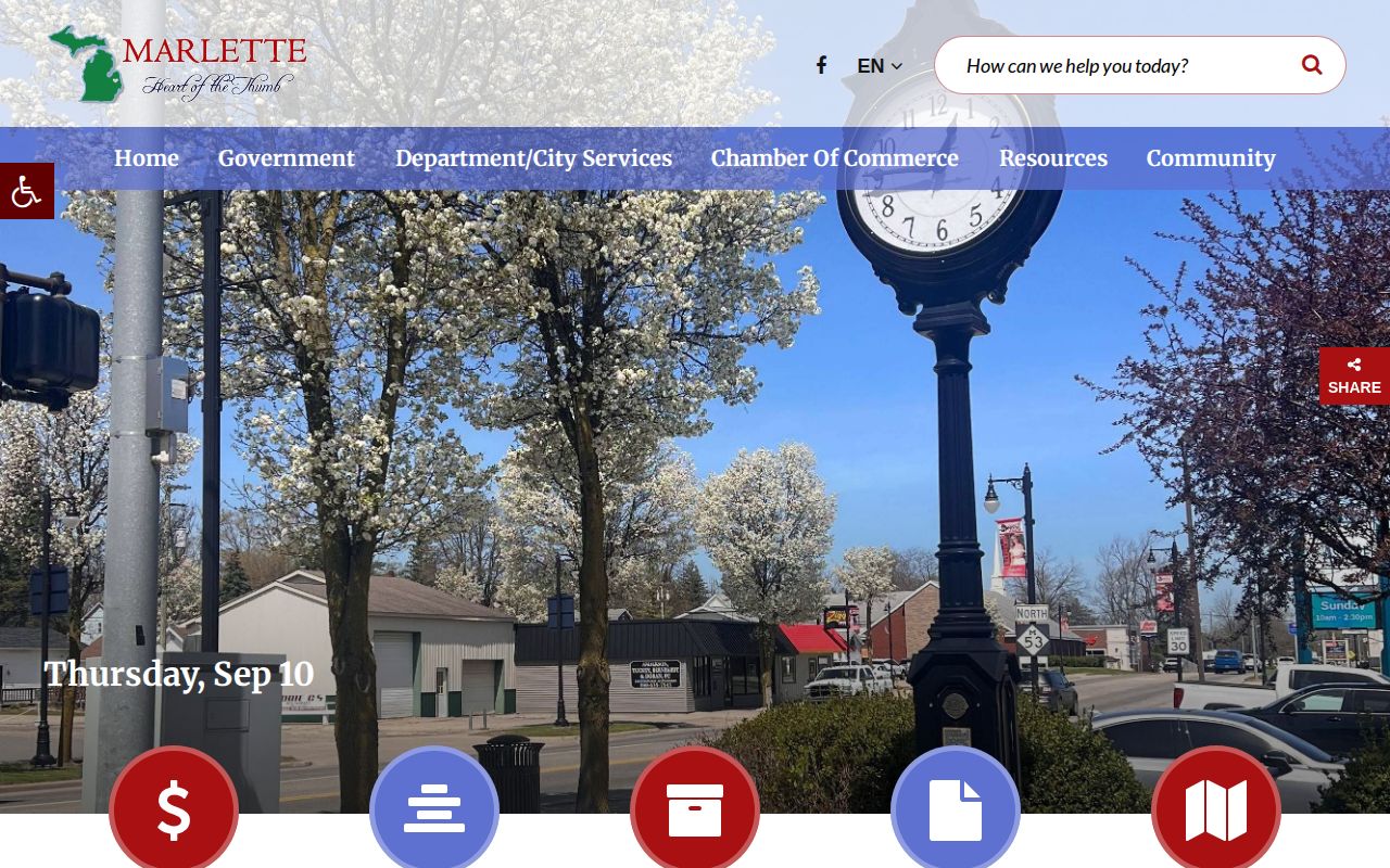 Captured official City of Marlette website home page